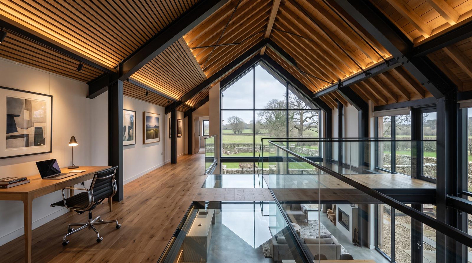 Vaulted barn conversion with a mezzanine study overlooking open countryside