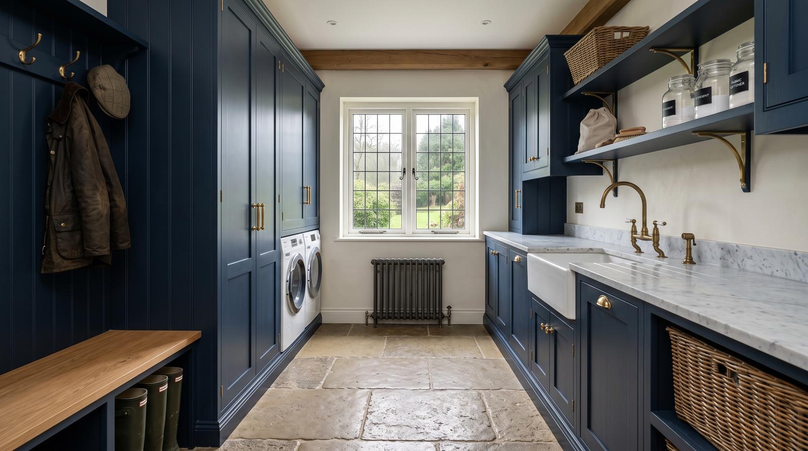 Navy boot room with stone floor and marble worktop