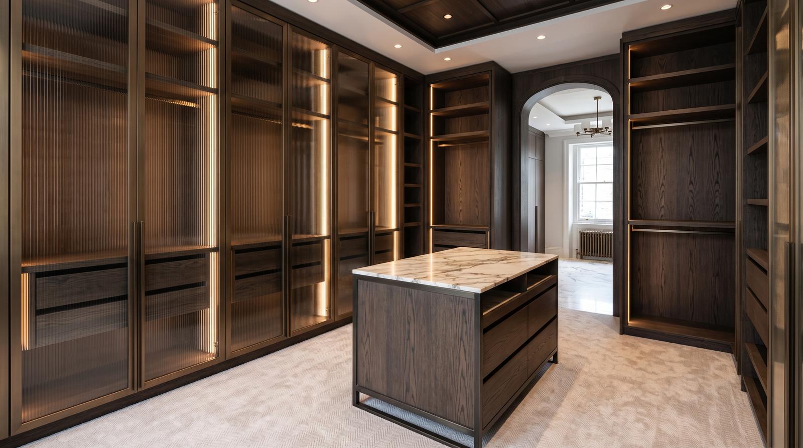 Dressing room with fluted glass fronts and integrated lighting