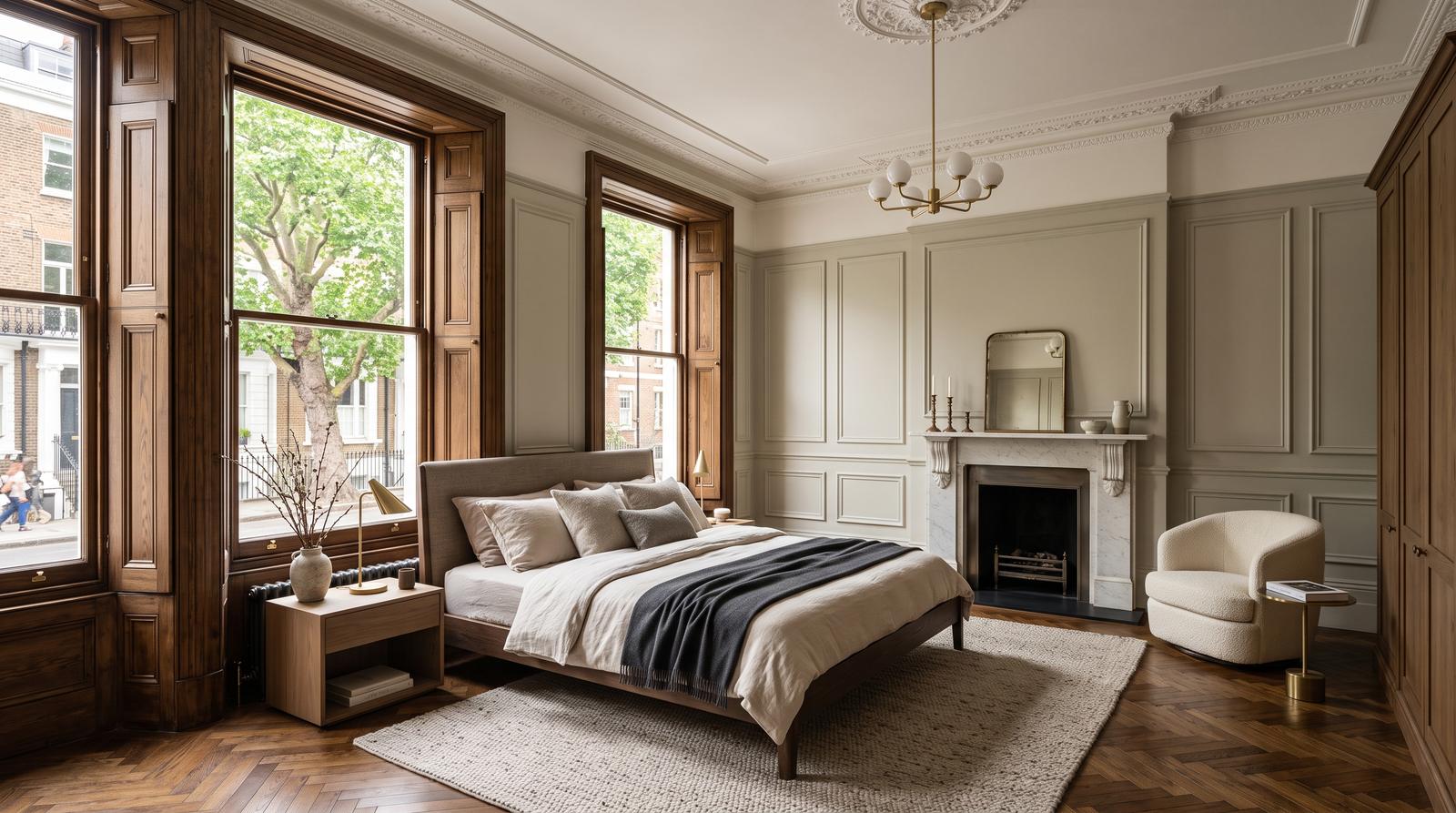 Panelled bedroom with fireplace and layered lighting