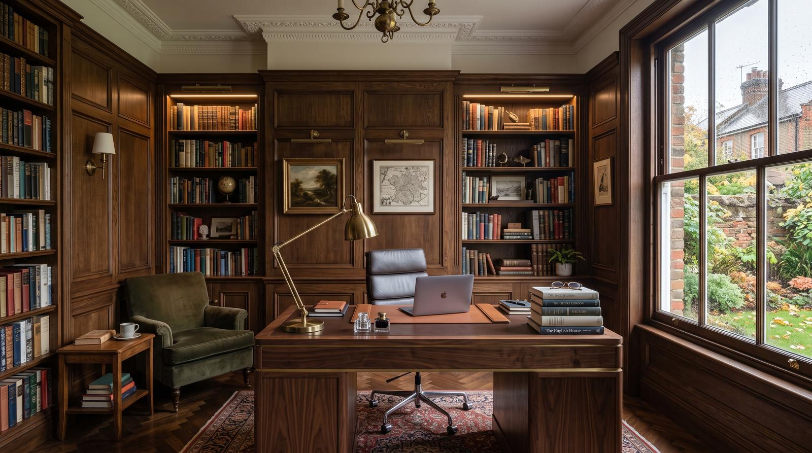 Walnut-panelled study with library joinery and layered lighting