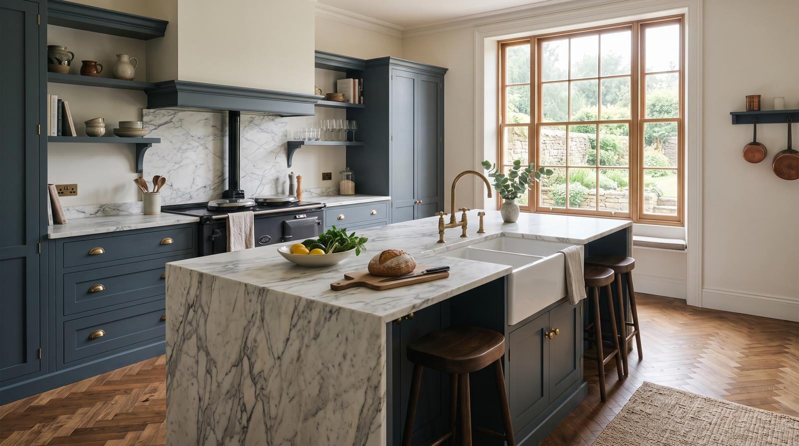 Navy kitchen with marble island