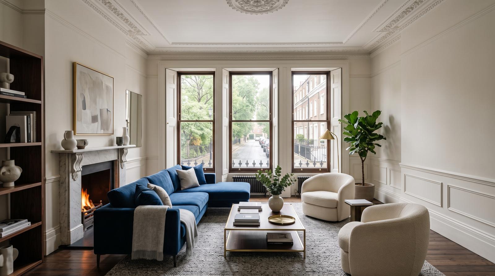 Elegant sitting room with fireplace and layered seating