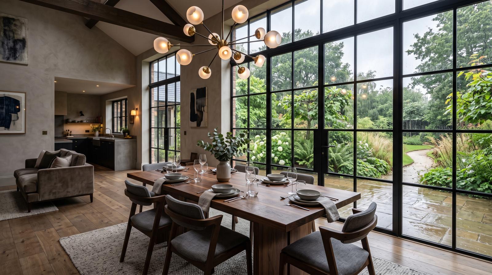 Double-height dining space with crittall glazing and layered pendant lighting