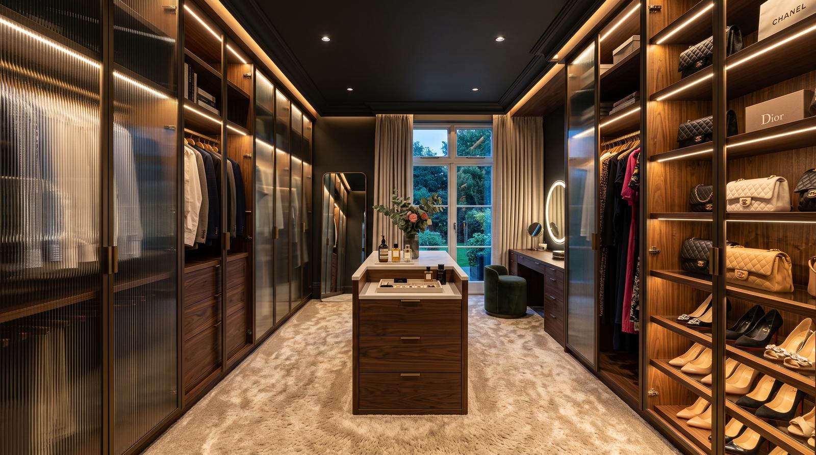 Walk-in wardrobe with lit joinery