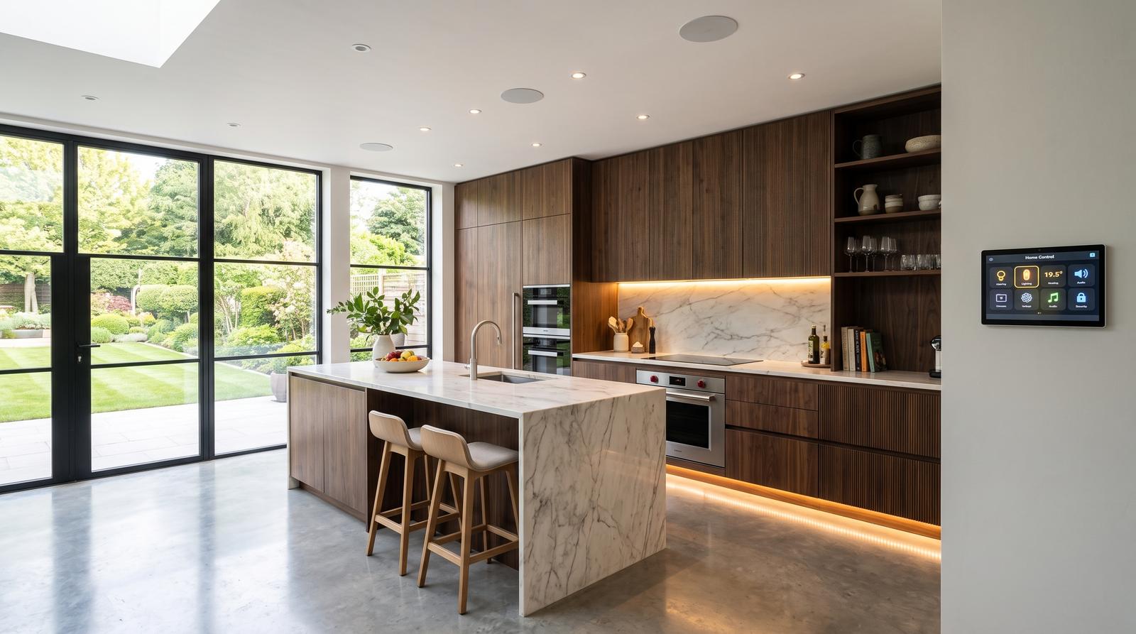 Kitchen with concealed lighting and a flush wall-mounted smart control panel