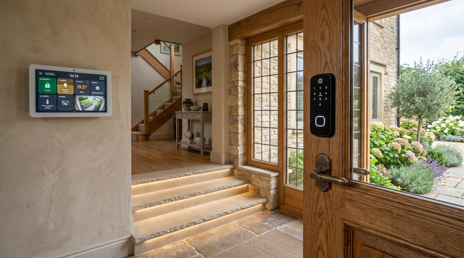 Entrance hall with wall-mounted control panel and smart door lock