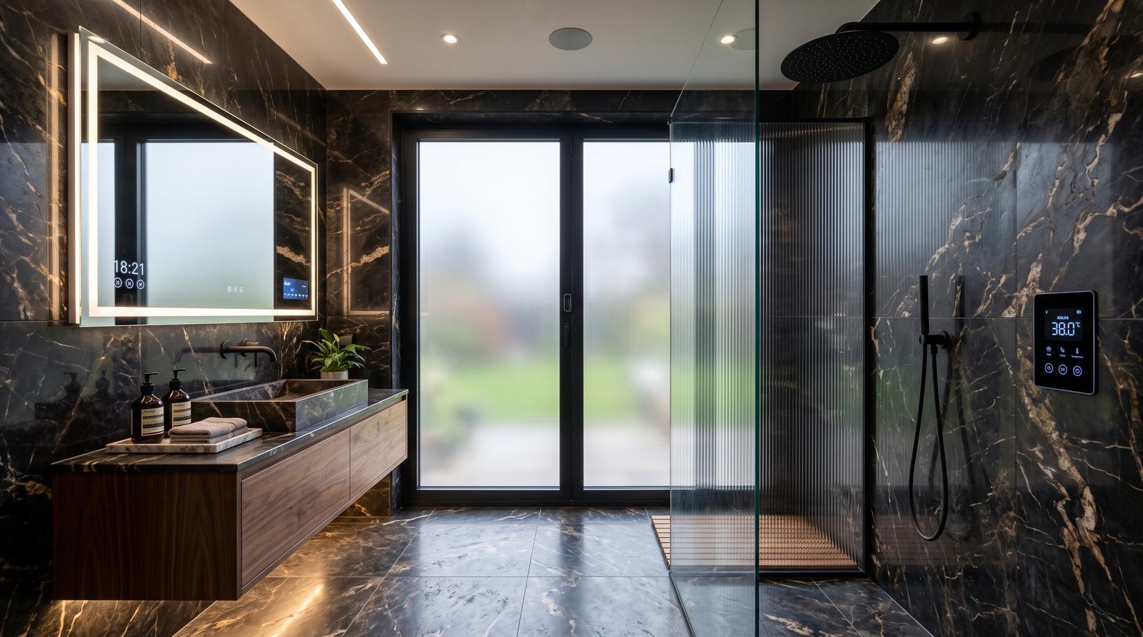 Dark marble bathroom with integrated shower control panel