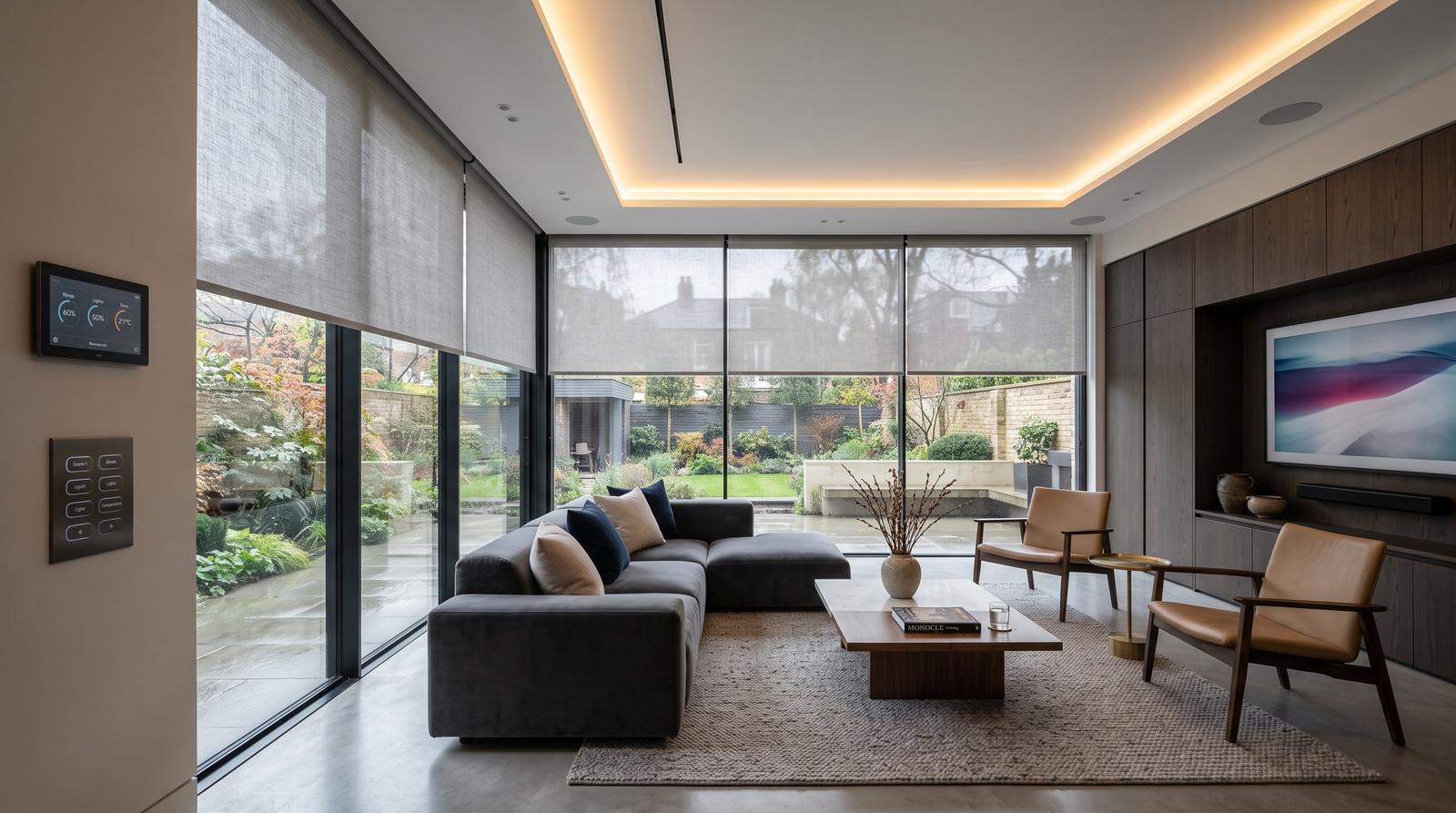 Media room with automated blinds and concealed AV