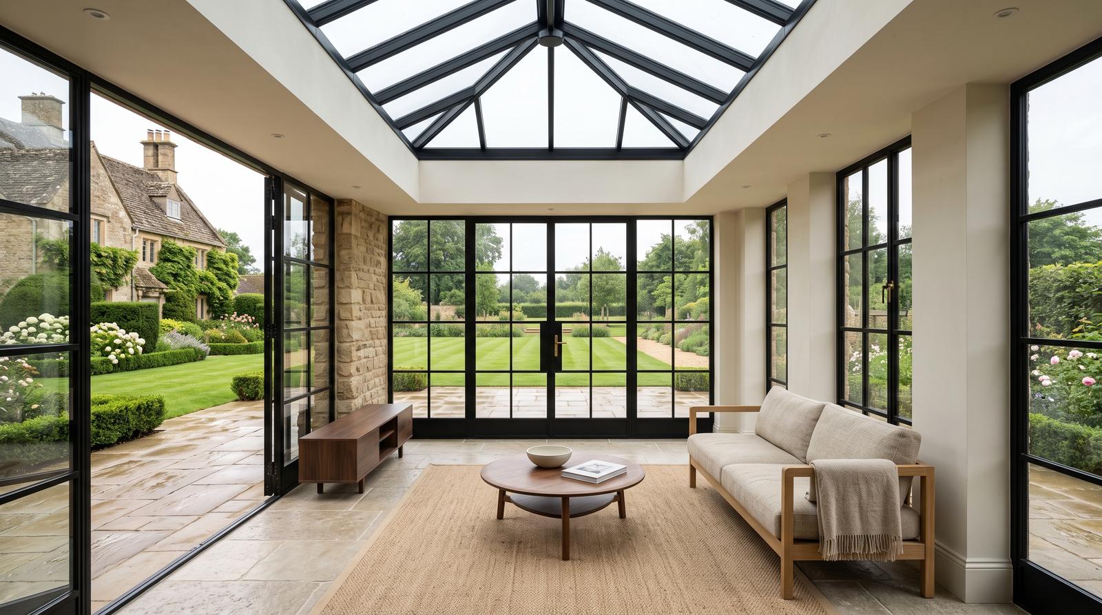 Glazed garden room extension with a lantern roof