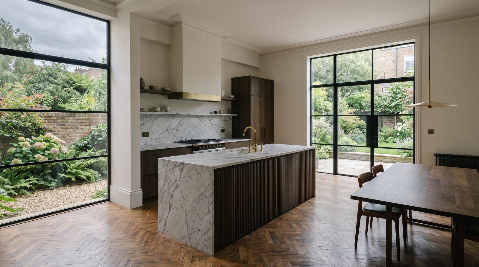 Marble island kitchen and dining space opening to the garden through crittall glazing