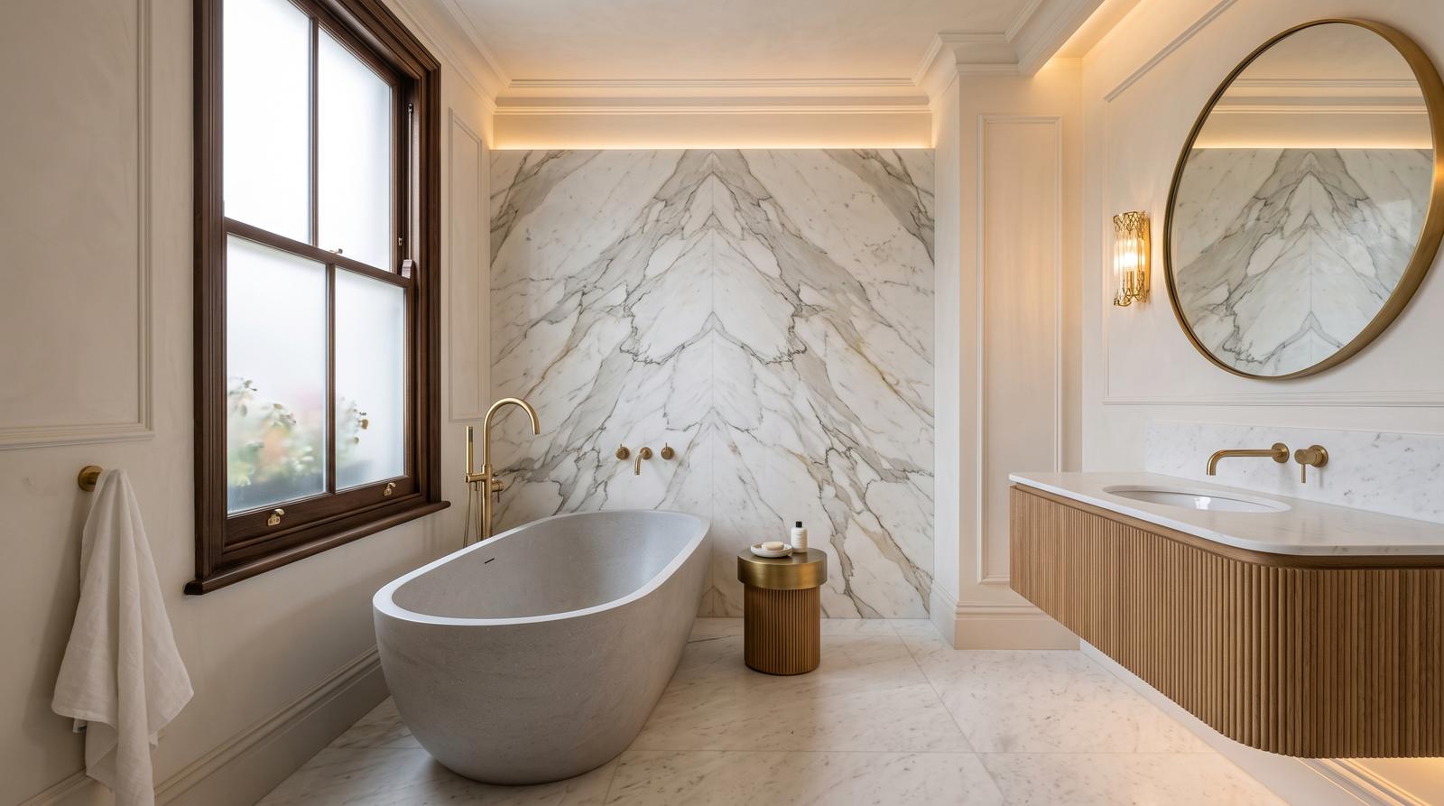 Marble bathroom with a freestanding stone bath and brass fittings