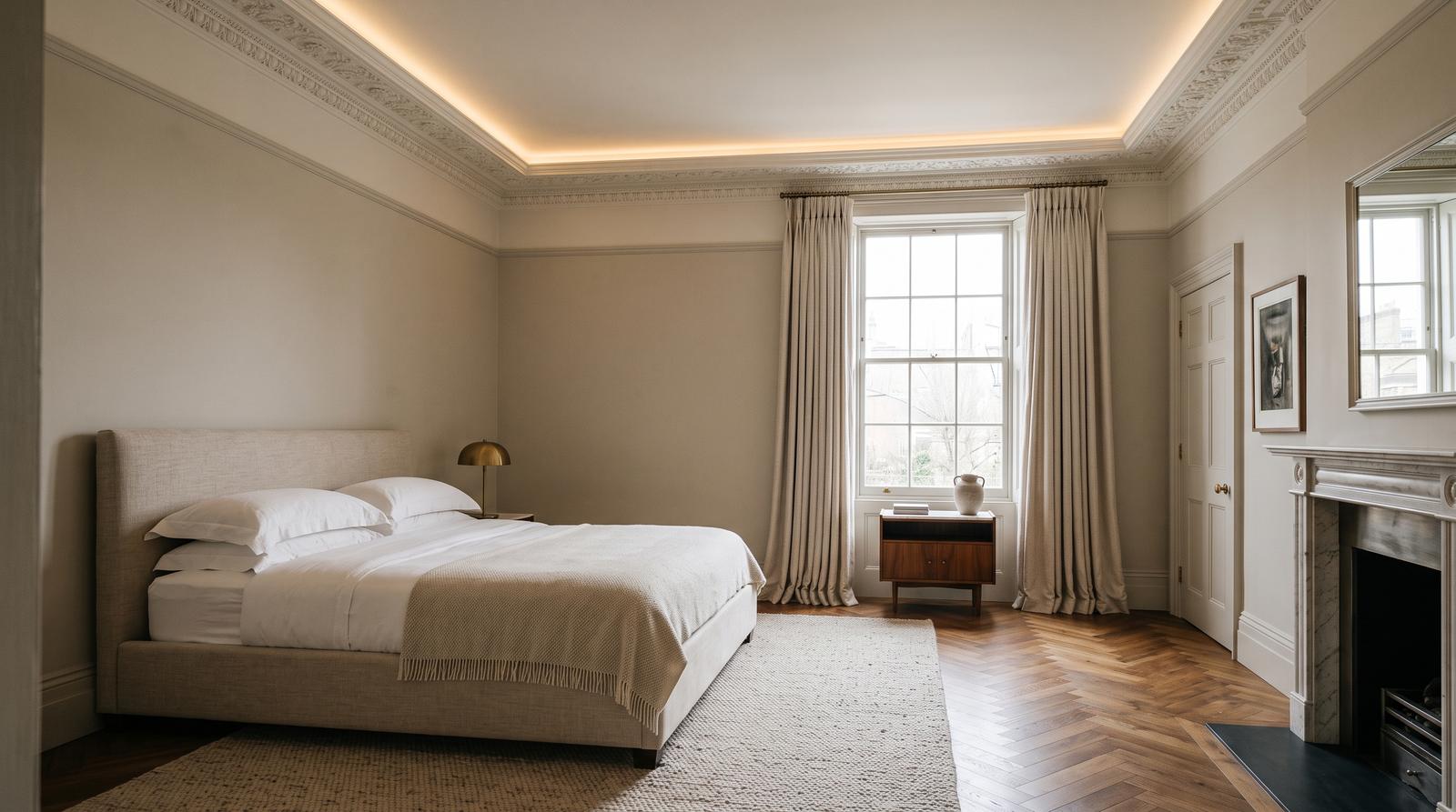 Principal bedroom styled with layered textiles and concealed cove lighting