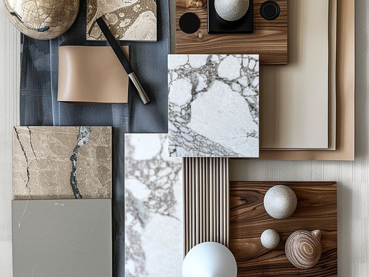 Curated material moodboard — marble, walnut, leather and textile samples laid out in the studio