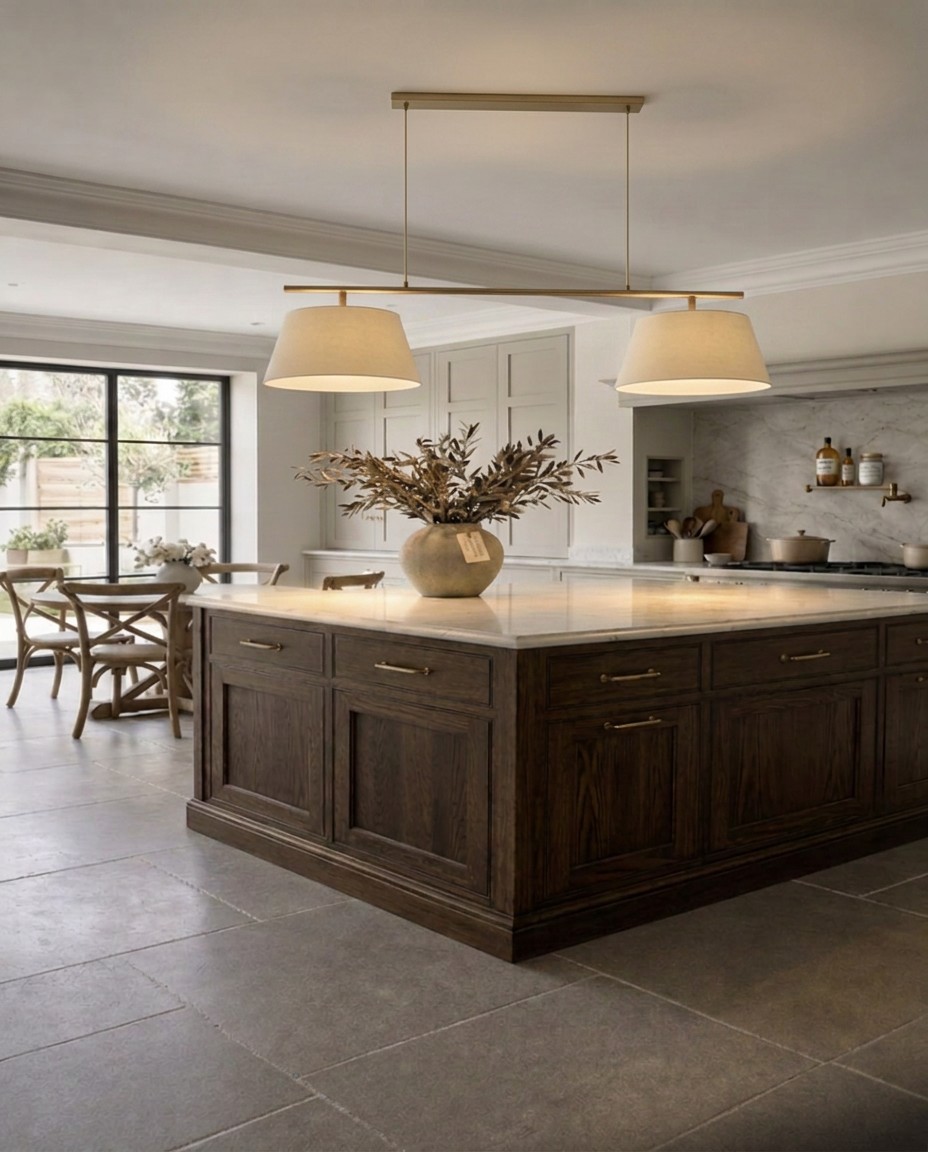 Brass linear pendant hung over the worktop