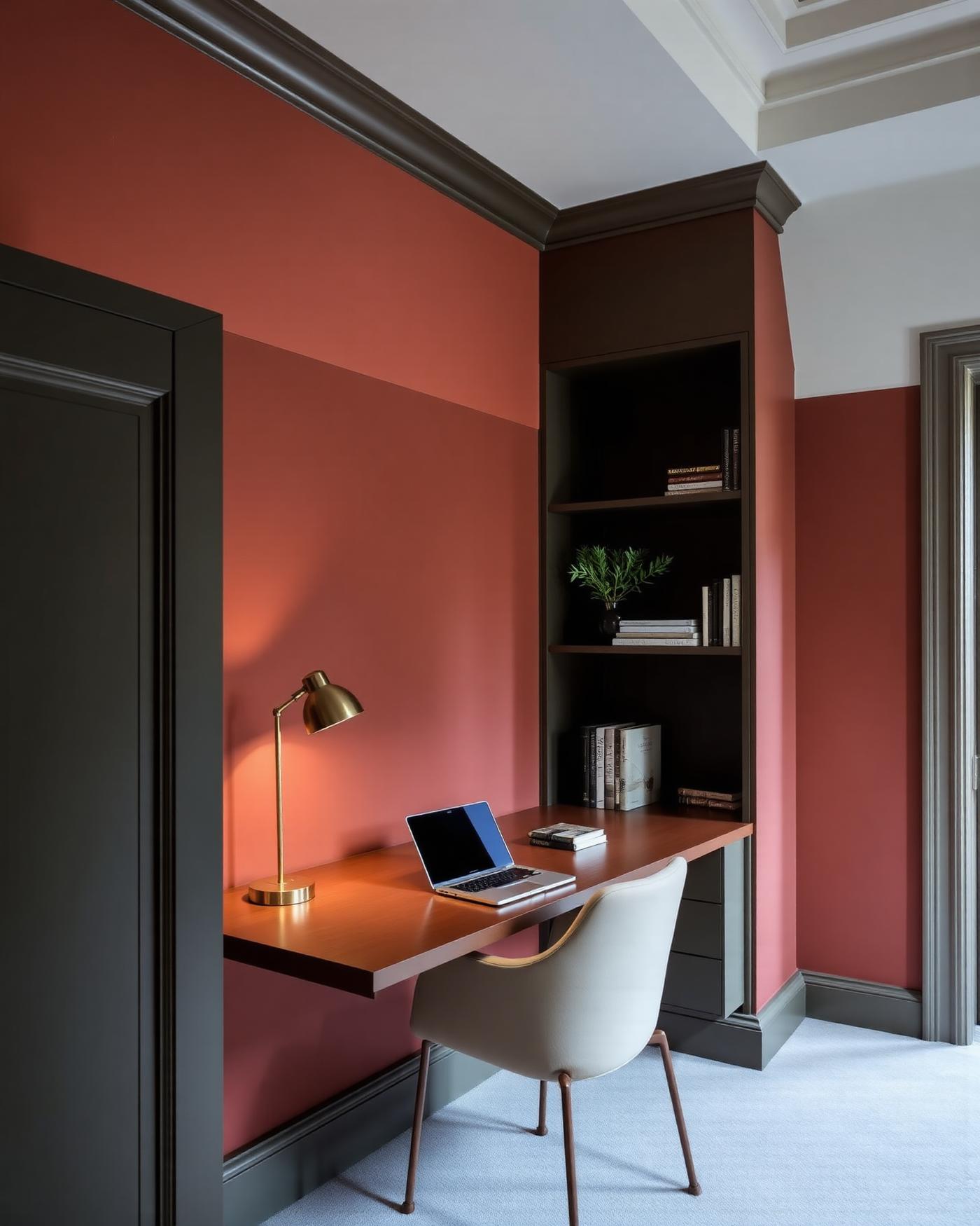 Study nook with built-in desk and shelving