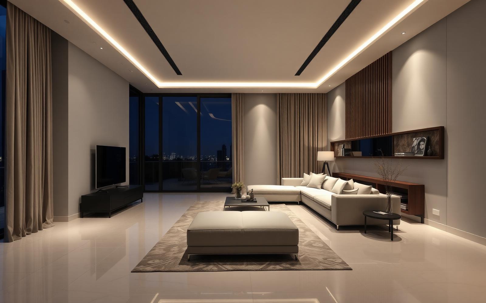 Empty secured living room at night with faint path lighting